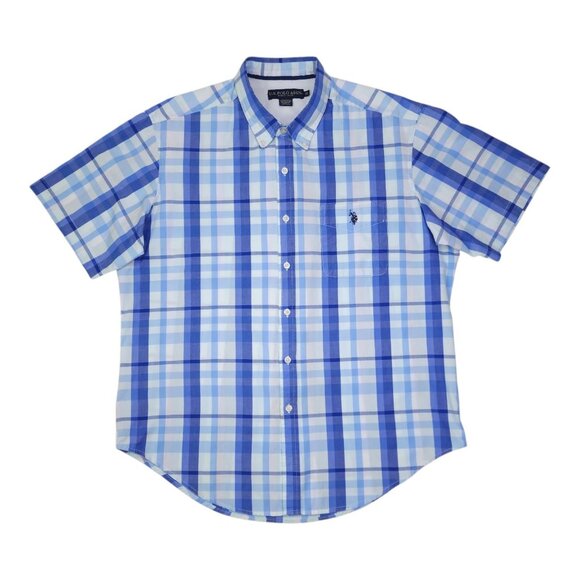 U.S. Polo Assn. Mens Blue Plaid Short Sleeve Button-Up Shirt XL Cotton Polyester - Picture 1 of 8